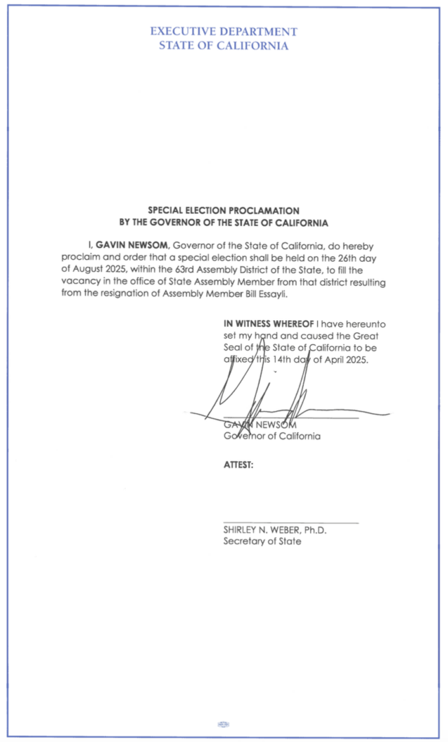 Proclamation declaring a special election